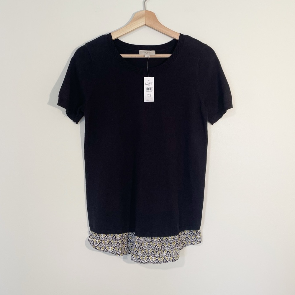 Loft Mixed Media Layered Hem Black Top NWT